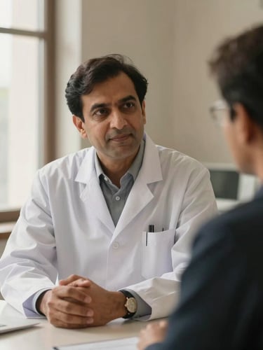 Dr. Omar Chughtai Khan in thoughtful clinical consultation, warm side-lit window daylight, high-end medical editorial style, 35mm portrait