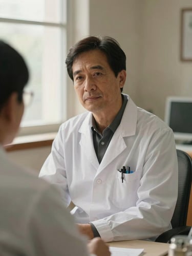 A portrait of Dr. Khan in quiet, thoughtful clinical consultation, soft natural side-lit window daylight, warm editorial clinical photography, muted earth tones, 35mm.