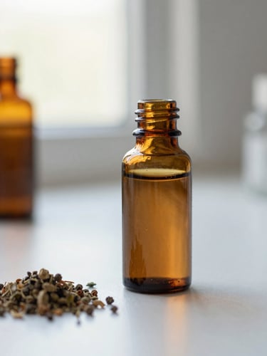 Macro detail of botanical ingredients beside a clean laboratory-style amber glass tincture bottle, soft window light, shallow depth of field, warm editorial clinical photography, 35mm.