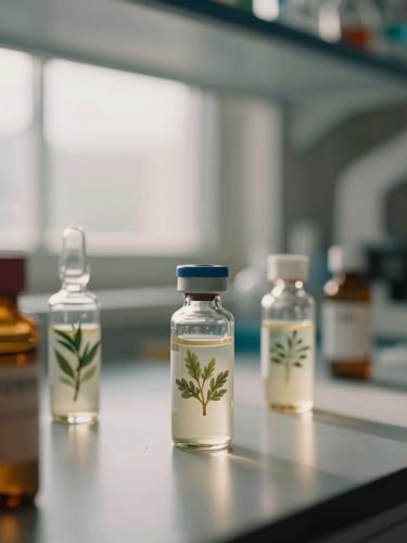 A close-up of botanical formulations and glass vials in a modern clinical laboratory, soft natural side-lit window daylight, muted earth tones, shallow depth of field, 35mm