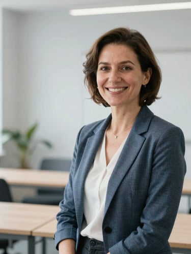 A professional environmental portrait of a native language teacher smiling in a modern Belgrade office, bright natural daylight, clean slate grey background, high-trust aesthetic.