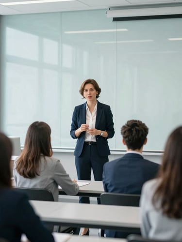 Bright editorial photography of a modern glass-walled classroom in Belgrade, a professional native instructor speaking with adult students, clean daylight, soft blue tones.