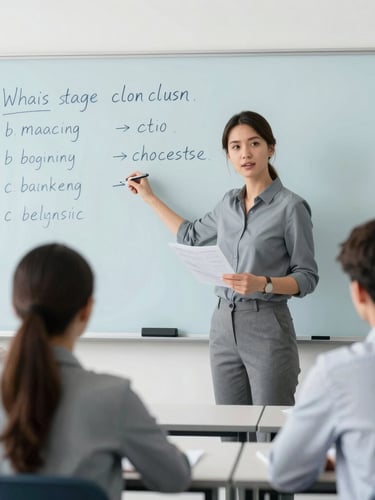 Bright modern classroom in Belgrade, professional native teacher explaining grammar structure on a clean board to adult students, daylight, shallow depth of field