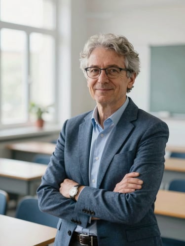 A professional environmental portrait of a senior language professor in a bright modern Belgrade classroom, soft natural daylight, slate blue tones, shallow depth of field