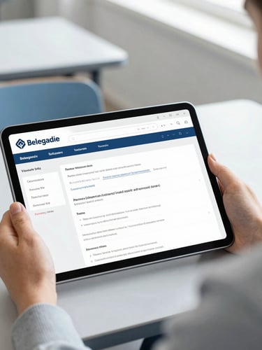 A close-up of a modern tablet displaying an academic dashboard, held by a student sitting in a bright Belgrade classroom with soft blue accents, natural daylight, shallow depth of field.