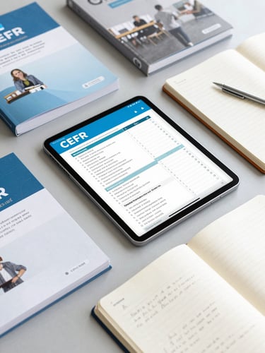 Overhead flat-lay of modern language textbooks, digital tablet showing CEFR syllabus, notebook with clean handwriting, bright daylight, professional workspace