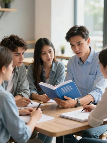 A group of diverse adult students sitting in a modern, sunlit Belgrade cafe, discussing a textbook with a Serbian language teacher, bright editorial daylight, shallow depth of field, professional.