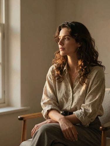 Warm editorial portrait of a female curator sitting in a sunlit, minimalist room with linen textures, soft golden-hour window light, rich textures, shallow depth of field.