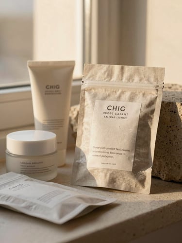 Close-up of beautifully packaged clean beauty products on raw stone surfaces, soft golden-hour window light, muted linen tones.