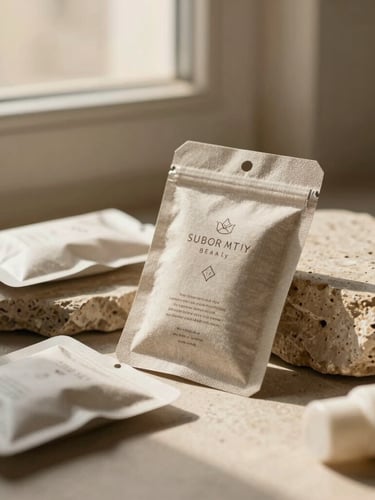 Close-up of beautifully packaged clean beauty products on raw stone surfaces, soft golden-hour window light, muted linen tones, rich textures, shallow depth of field