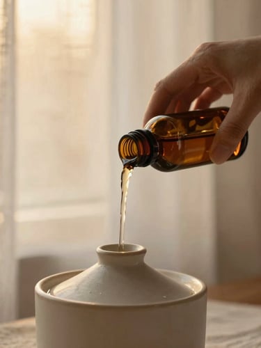 Hands pouring clean essential oils into a ceramic diffuser, warm golden-hour light, soft linen background, shallow depth of field