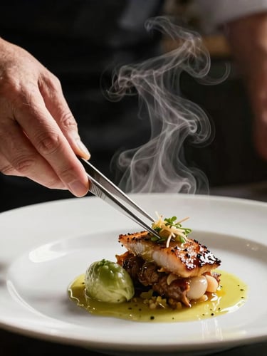 Close-up dramatic shot of a chef plating a dish with tweezers under warm, directional kitchen pass light, steam rising, dark background.
