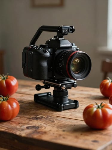 A portrait-oriented, Scandinavian-style shot of a camera rig positioned over a rustic wooden table covered in fresh heirloom tomatoes, soft natural light, deep shadows.