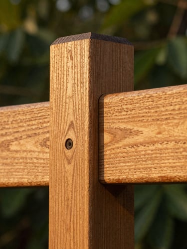 A macro close-up photograph of an interlocking wood joint of a pergola, showing the fine grain of warm honey-oak timber, no visible screws, soft golden-hour light, shallow depth of field