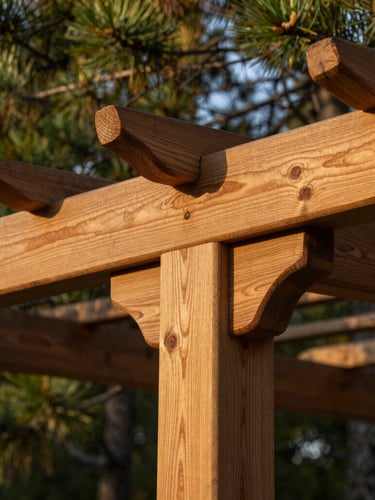 Macro shot of interlocking wooden joints of a pergola, warm golden-hour sunlight filtering through pine trees, rich honey-oak wood grain, shallow depth of field, 35mm