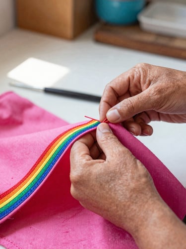 Hands of a Mexican artisan carefully stitching a colorful pink fabric for a pet garment in a bright, sunlit workshop, warm editorial documentary photography