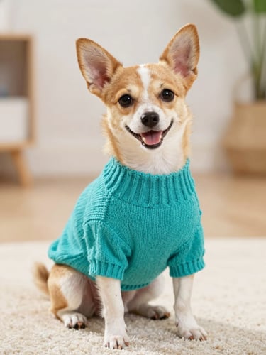 A happy small dog wearing a bright teal knitted sweater, sitting proudly on a soft rug, warm editorial pet photography, bright natural daylight, shallow depth of field