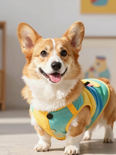 Eye-level portrait of a happy, unique-shaped corgi wearing a colorful custom-fit handmade vest, bright warm natural daylight, Celaya workshop background, 35mm lens