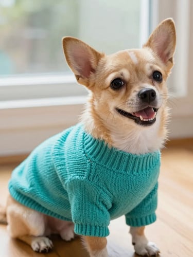 A happy small dog wearing a vibrant teal knitted sweater, sitting comfortably on a wooden floor in warm natural window light, close-up shot focusing on the fabric texture and neat stitching.