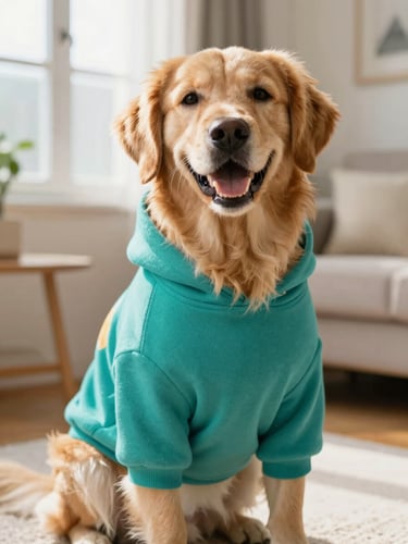 A joyful golden retriever wearing a colorful handmade teal hoodie, sitting happily in a sunlit living room, warm editorial photography, soft window light, shallow depth of field.
