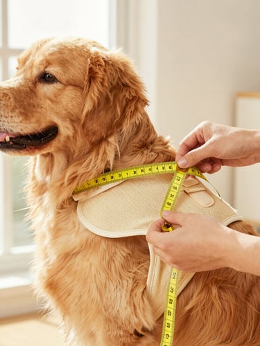 Warm editorial close-up of hands gently measuring a golden retriever's chest with a yellow tape measure, soft natural daylight, showing the fabric texture of a prototype vest.