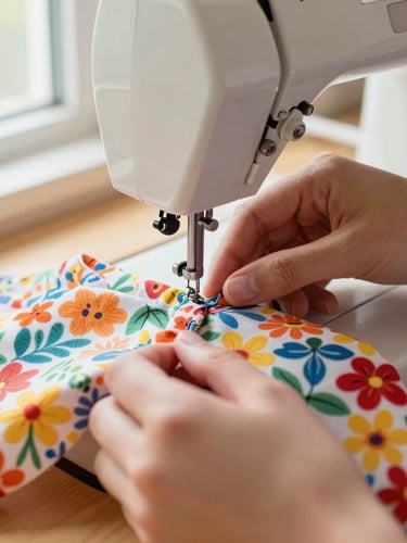 Close-up of hands carefully sewing a colorful floral pet shirt on a vintage sewing machine, warm natural window light, soft focus, detailed fabric texture