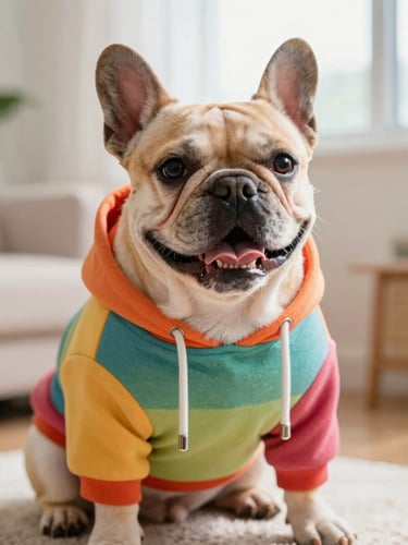 A happy French Bulldog with unique proportions wearing a custom-tailored colorful hoodie, sitting comfortably indoors with soft natural light, detailed close-up on the comfortable fit around the shoulders.