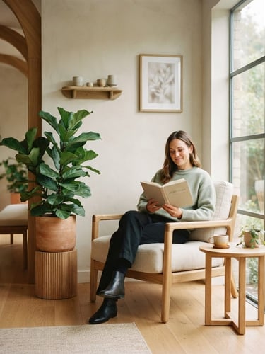 Warm editorial photography of a sunlit, minimalist clinic waiting room with soft wooden textures, linen chairs, and leafy green plants, shallow depth of field, 35mm