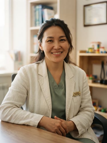 Warm medium close-up of a smiling female Mongolian pediatrician in a soft linen coat, natural window light, gentle and reassuring expression, shallow depth of field, 35mm