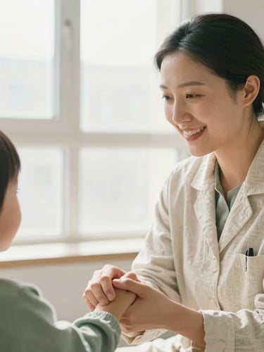 A gentle close-up of a Mongolian female pediatrician in a soft linen coat smiling warmly while holding a child's hand, bright natural window light, 35mm