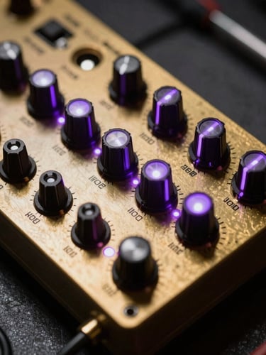Extreme close-up of a custom Eurorack synthesizer module with brass faceplate and glowing violet LEDs, dark industrial background