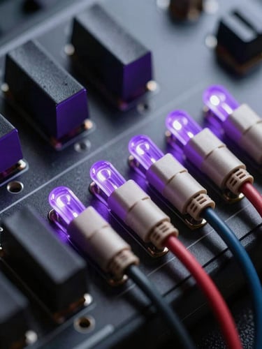 Extreme close-up of modular synthesizer patch cables with glowing plasma-violet LEDs, high-contrast, deep shadows
