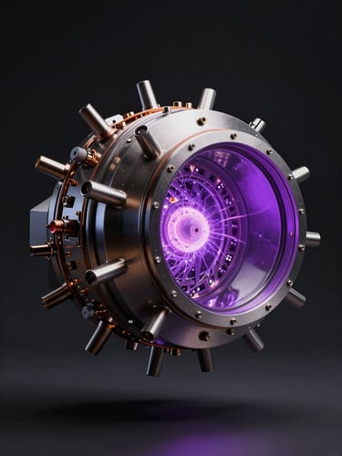 A 3D artistic render of a tokamat reactor core with metallic and glass textures reflecting a plasma-violet core, floating in deep shadow