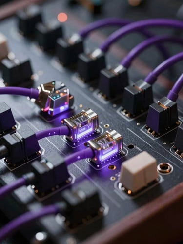 Extreme close-up of modular synthesizer patch bays with glowing violet patch cables, metallic and glass textures, dark industrial aesthetic.