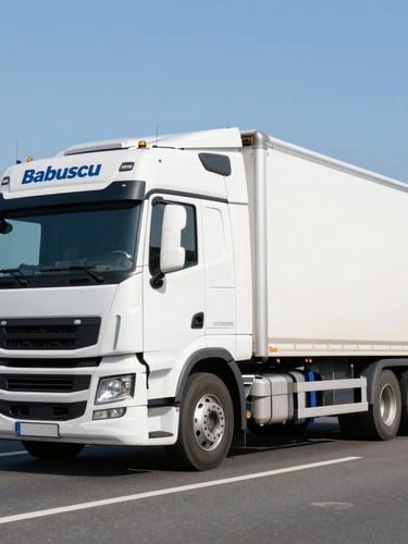 A modern white Babuscu transport truck driving on a clean European highway, bright natural daylight, corporate blue accents, professional editorial photography, 35mm lens