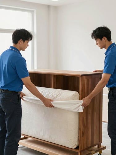 Medium shot of professional movers carefully wrapping high-value wooden furniture with thick protective layers inside a bright, clean room, daylight