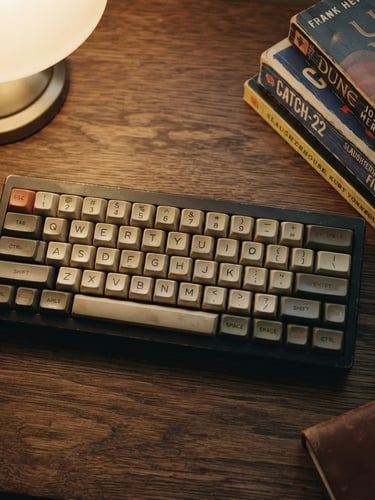 Straight-on flat lay of vintage mechanical keyboard keycaps next to a stack of physical books, warm desk lamp light casting long shadows, low-fi 35mm film grain