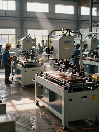 Environmental wide shot of a Southeast Asian packaging machinery production floor, multiple steel machine frames in various stages of assembly, workers in safety gear operating alongside heavy equipment, natural daylight from high factory windows, dust particles visible in light shafts, concrete floor worn from use