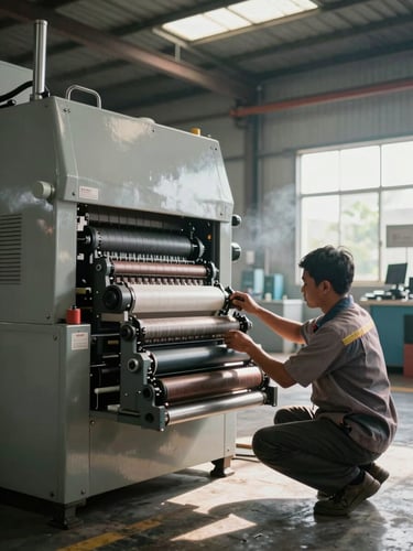 Wide shot inside an active Indonesian industrial factory, a technician in work uniform crouching beside a large packaging machine mid-repair, hands on mechanical components, ambient natural light streaming through factory windows, heat shimmer visible, metal floor and industrial ceiling in background