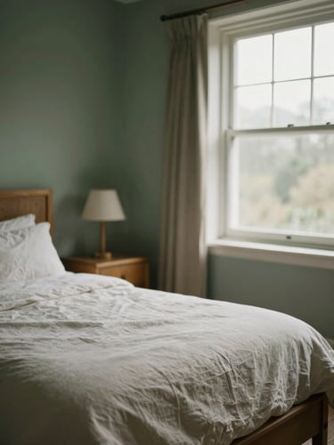 A comfortable private residential room with soft linen bedding, warm wooden furniture, and a window letting in soft overcast daylight, shallow depth of field