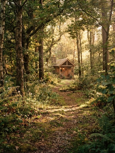 Warm environmental photography of a sun-dappled forest path leading to a peaceful retreat, soft morning light, shallow depth of field, 35mm