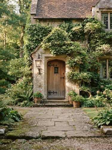 Quiet, sun-dappled architectural entrance of a peaceful stone estate, surrounded by mature trees in soft morning light, shallow depth of field, 35mm