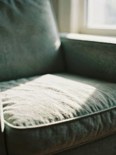 Close-up of a comfortable private room with a reading chair, warm morning light streaming through a window, soft linen textures, shallow depth of field, 35mm