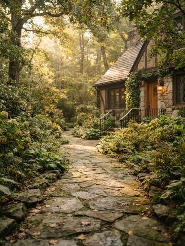 Warm morning sunlight filtering through tree leaves onto a quiet stone pathway leading to a residential retreat, 35mm, shallow depth of field