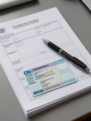 Overhead macro shot of organised import documents on a grey desk—customs declaration form, shipping bill of lading, and vehicle title stacked neatly with a single pen resting on top, flat natural light from the left