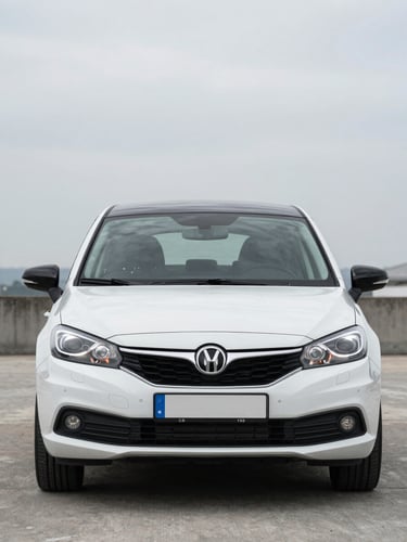 Close three-quarter front view of a European compact car on a flat concrete surface under bright overcast daylight, vehicle centered, no props, maximum clarity on bodywork and headlights