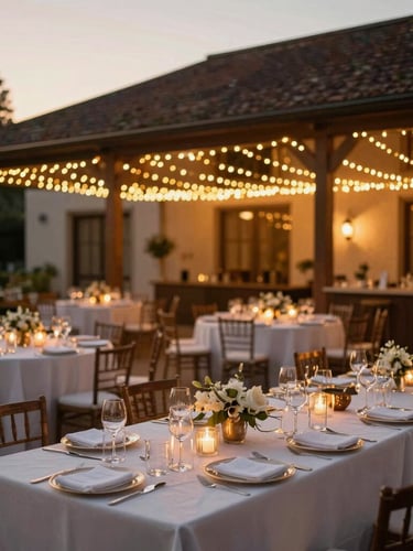 Wide architectural shot of an elegant event venue decorated with warm fairy lights and sophisticated table settings, golden hour natural light, rich tones