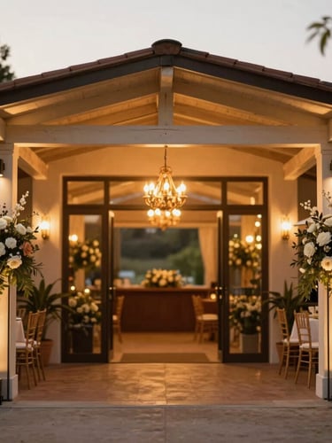 Wide environmental shot of Allévive venue entrance decorated with warm ambient lights, golden hour natural light, elegant floral arrangements, 35mm photography, shallow depth of field