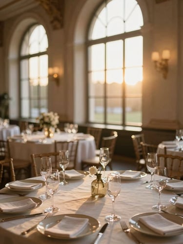 Warm architectural shot of a beautifully decorated event hall, golden hour natural light streaming through high windows, elegant table settings with champagne glasses, shallow depth of field, 35mm