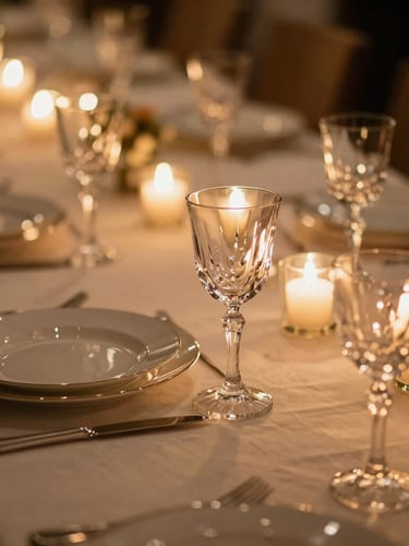 Intimate close-up of elegant table settings, warm ambient string lights casting a golden glow on crystal glasses and fine porcelain, rich elegant tones, shallow depth of field, 35mm